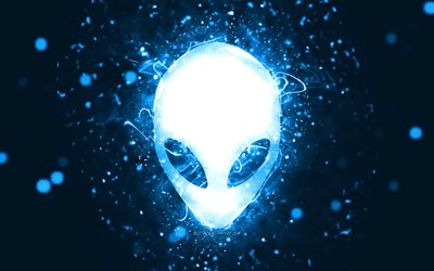 Alienware mavi logo, 4k, mavi neon ışıklar, yaratıcı, mavi soyut arka plan, Alienware logo, markalar, Alienware