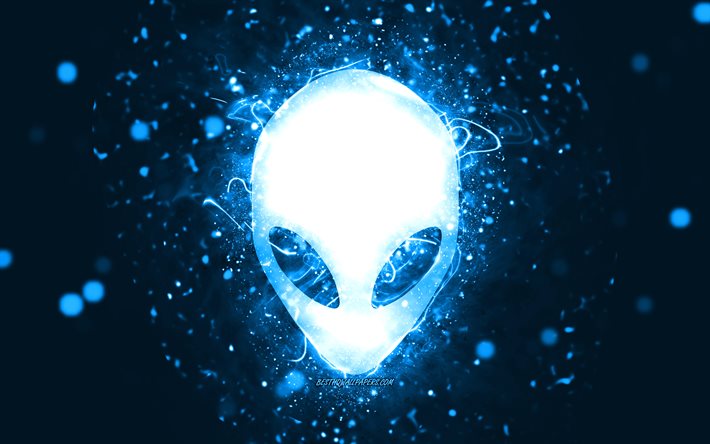 Alienware sininen logo, 4k, siniset neonvalot, luova, sininen abstrakti tausta, Alienware -logo, merkit, Alienware
