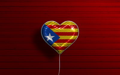 J&#39;aime Estelada Catalogne, 4k, ballons r&#233;alistes, fond en bois rouge, Jour d&#39;Estelada Catalogne, Communaut&#233;s d&#39;Espagne, drapeau d&#39;Estelada Catalogne, Espagne, ballon avec drapeau, communaut&#233;s espagnoles, Estelada Catalogne d