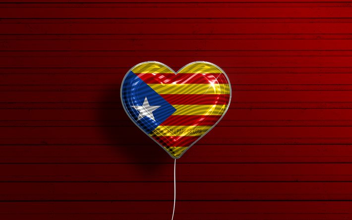 Amo Estelada Catalogna, 4k, palloncini realistici, fondo di legno rosso, Giorno di Estelada Catalogna, Comunit&#224; di Spagna, bandiera di Estelada Catalogna, Spagna, palloncino con bandiera, comunit&#224; spagnole, Bandiera di Estelada Catalogna, Estela
