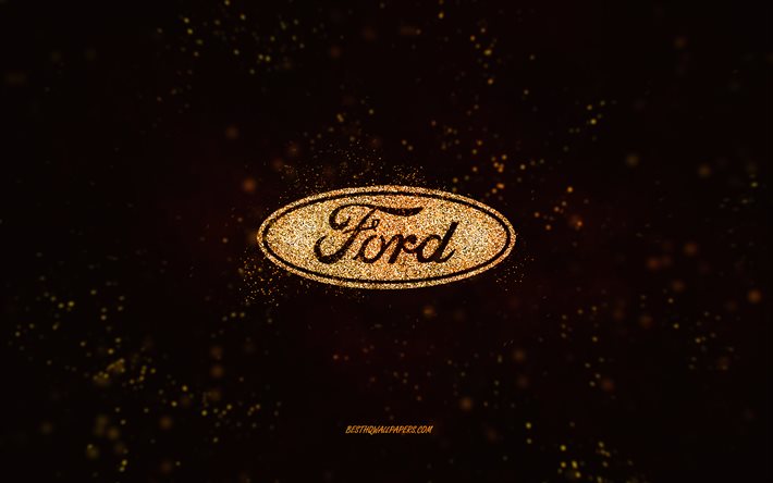 Ford logo glitter, 4k, sfondo nero, logo Ford, giallo glitter art, Ford, arte creativa, Ford giallo glitter logo