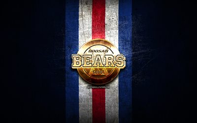 Doosan Bears, logo dor&#233;, KBO, fond bleu en m&#233;tal, &#233;quipe de baseball sud-cor&#233;enne, logo Doosan Bears, baseball, Cor&#233;e du Sud