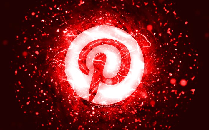 Pinterest red logo, 4k, red neon lights, creative, red abstract background, Pinterest logo, social network, Pinterest