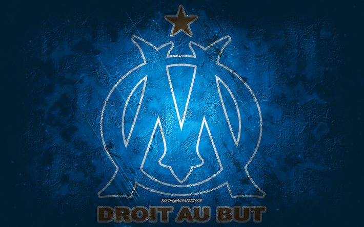 Olympique de Marseille, Franska fotbollslag, bl&#229; bakgrund, Olympique de Marseille logotyp, Liga 1, Frankrike, fotbollsplan, Olympique Marseille-emblem