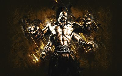 Goro, Mortal Kombat, ruskea kivitausta, Mortal Kombat 11, Goro grunge art, Mortal Kombat -hahmot, Goro -hahmo, Goro Mortal Kombat