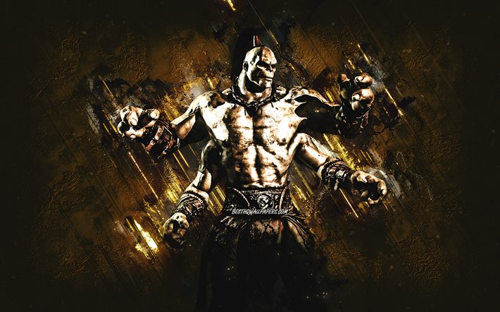 Goro, Mortal Kombat, sfondo pietra marrone, Mortal Kombat 11, Goro grunge art, Personaggi di Mortal Kombat, Personaggio di Goro, Goro Mortal Kombat