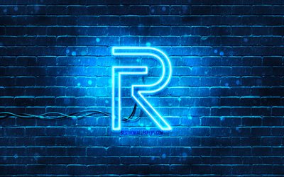 Logotipo azul Realme, 4k, parede de tijolos azul, logotipo Realme, marcas, logotipo Realme neon, Realme