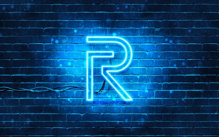 Logo bleu Realme, 4k, mur de briques bleu, logo Realme, marques, logo n&#233;on Realme, Realme
