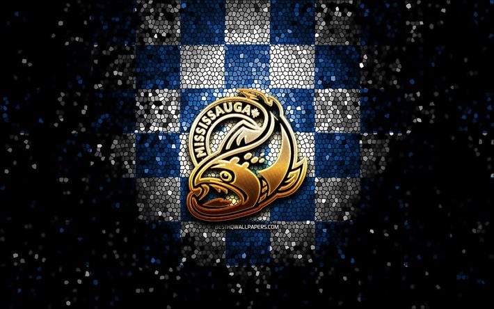 Mississauga Steelheads, glitter logo, OHL, blue white checkered background, hockey, canadian hockey team, Mississauga Steelheads logo, mosaic art, Canada