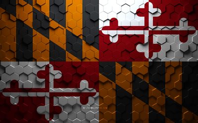 Drapeau du Maryland, art en nid d&#39;abeille, drapeau des hexagones du Maryland, Maryland, art des hexagones 3d, drapeau du Maryland