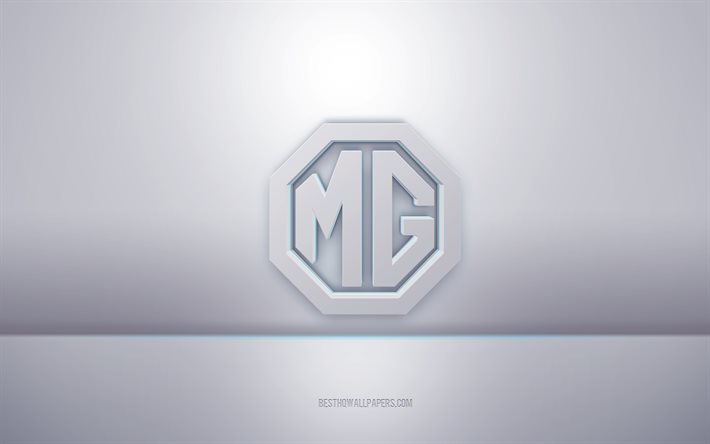 MG شعار أبيض ثلاثي الأبعاد, خلفية رمادية, شعار MG, الفن الإبداعي 3D, ام جي, 3d شعار