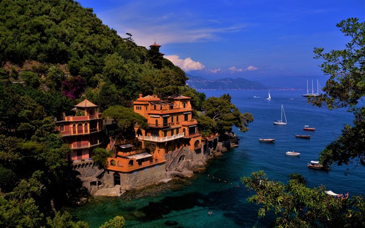 Portofino, İtalyan Rivierası, yaz, tatil yeri, Akdeniz, sahil, Portofino panoraması, Liguria, İtalya