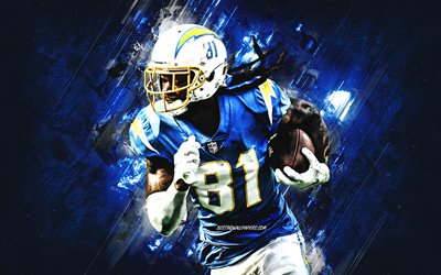 Mike Williams, Los Angeles Chargers, NFL, blue stone background, American football, National Football League, grunge art
