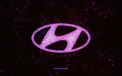 Hyundai glitter-logo, 4k, musta tausta, Hyundai-logo, vaaleanpunainen kimallustaide, Hyundai, creative art, Hyundai-vaaleanpunainen kimallus-logo