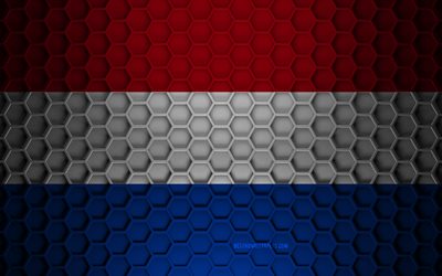 Nederl&#228;ndernas flagga, 3d hexagons textur, Nederl&#228;nderna, 3d textur, Nederl&#228;nderna 3d flagga, metall textur