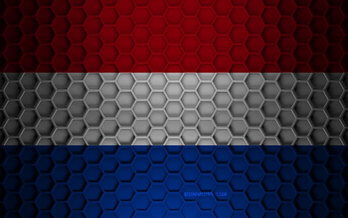 Drapeau des Pays-Bas, texture des hexagones 3d, Pays-Bas, texture 3d, drapeau des Pays-Bas 3d, texture m&#233;tallique, drapeau des Pays-Bas