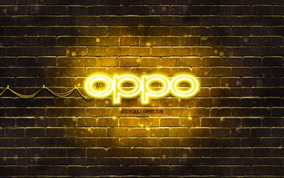 Oppo yellow logo, 4k, yellow brickwall, Oppo logo, brands, Oppo neon logo, Oppo
