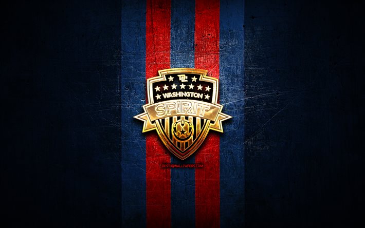 ワシントンスピリットFC, 金色のロゴ, NWSL, 青い金属の背景, アメリカのサッカークラブ, ナショナルウーマンズサッカーリーグ, ワシントンスピリットのロゴ, サッカー, ワシントンスピリット
