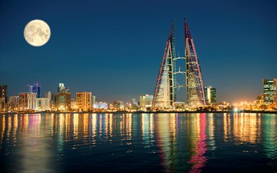Manama, paisagens urbanas, paisagens noturnas, Bahrein, &#193;sia, Golfo P&#233;rsico, Capital do Bahrein