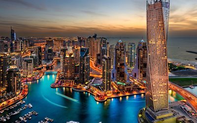 Dubai, 4k, los rascacielos, los EMIRATOS &#225;rabes unidos, puesta de sol, noche, ciudad, Emiratos &#193;rabes Unidos