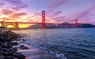 Golden Gate Bridge, San Francisco, sunset, suspension bridge, Golden Gate Strait, USA, California, United States