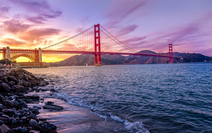 Golden Gate Bridge, San Francisco, coucher de soleil, pont suspendu, Golden Gate, D&#233;troit, &#233;tats-unis, Californie, &#201;tats-unis