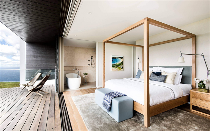 interior bedroom, country house, modern bedroom design, wooden bed