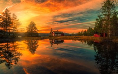 Norway, lake, sunset, hut, forest, HDR