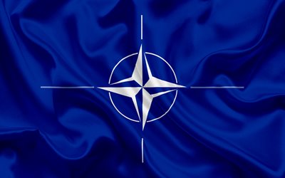 la bandera de la OTAN, de seda azul de la bandera, s&#237;mbolos de la OTAN, organizaci&#243;n internacional, la Organizaci&#243;n del Tratado Atl&#225;ntico Norte, la OTAN