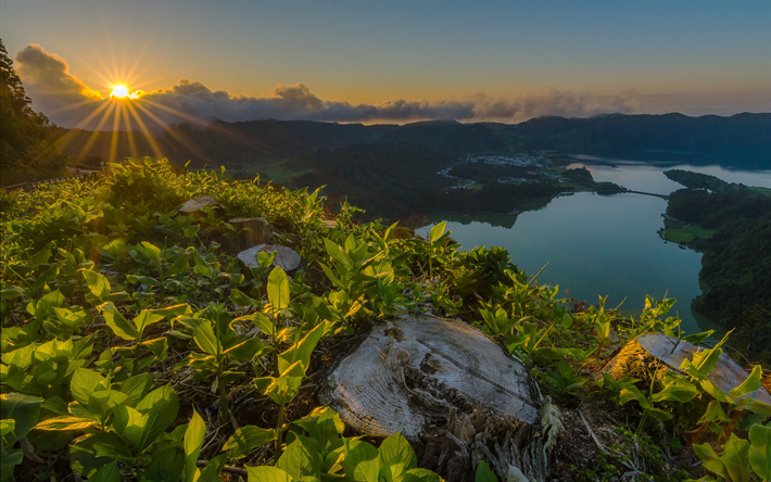 Sete Cidades, sunset, lake, mountains, forest, Portugal