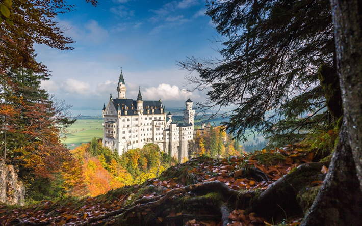 Castelo De Neuschwanstein, outono, castelo velho, Baviera, Alemanha