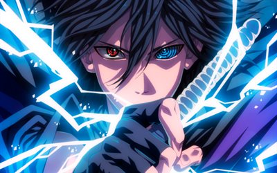 Sasuke Uchiha, neon lights, manga, artwork, anime characters, Naruto