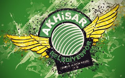 Akhisar Belediyespor, 4k, paint art, logo, creative, Turkish football team, Super Lig, emblem, green background, grunge style, Akhisar, Turkey, football
