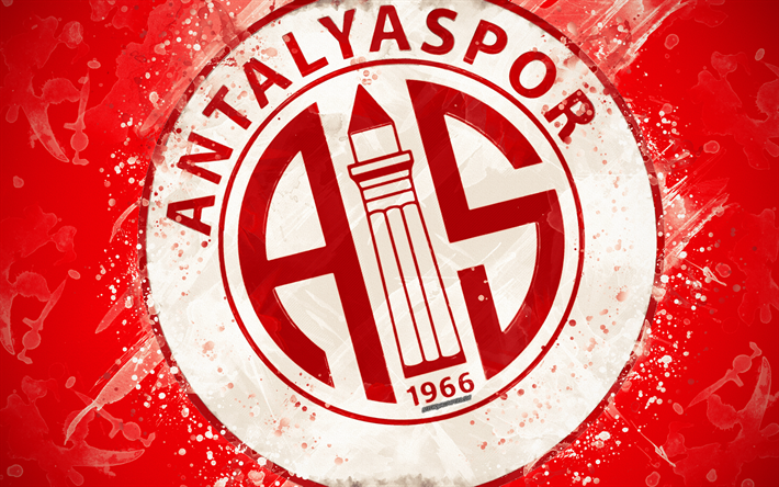 Antalyaspor, 4k, paint taidetta, logo, luova, Turkin jalkapallomaajoukkue, Super League, tunnus, punainen tausta, grunge-tyyliin, Antalya, Turkki, jalkapallo