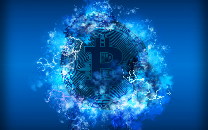 4k, Bitcoin, neon lights, electronic money, blue background, crypto currency, creative