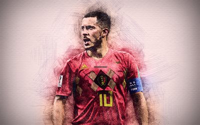 4k, Eden Hazard, artwork, soccer, Belgian football team, match, Hazard, footballers, drawing Hazard, Belgium National Team