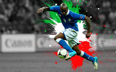 İtalya Mario Balotelli, 4k, İtalya Milli Futbol Takımı, sanat, boya, grunge sanat, İtalyan futbolcu, yaratıcı sanat sı&#231;raması, İtalya, futbol, Mario Barwuah Balotelli, bayrak