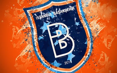 Istanbul Basaksehir FC, 4k, paint art, logo, creative, Turkish football team, Super Lig, emblem, orange background, grunge style, İstanbul, Turkey, football