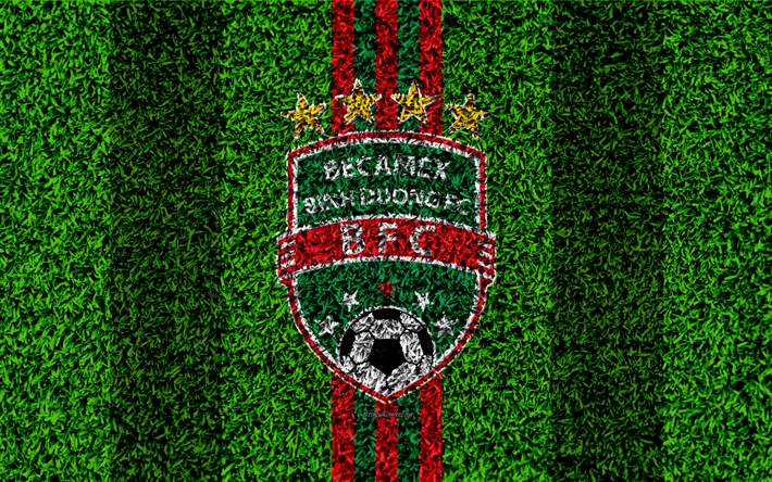 Becamex Binh Duong FC, 4k, شعار, كرة القدم العشب, الفيتنامي لكرة القدم, الأحمر الأخضر خطوط, العشب الملمس, V الدوري 1, Thusaumot, فيتنام, كرة القدم
