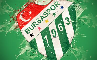 Bursaspor FC, 4k, m&#229;la konst, logotyp, kreativa, Turkisk fotboll, Super League, emblem, gr&#246;n bakgrund, grunge stil, Bursa, Turkiet, fotboll