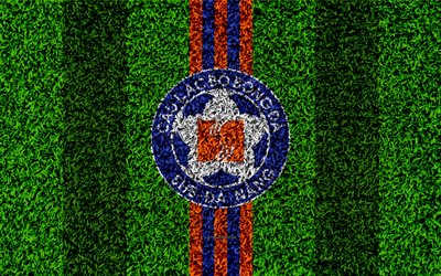 SHB Da Nang FC, 4k, logo, football lawn, Vietnamese football club, orange blue lines, grass texture, emblem, V League 1, Danang, Vietnam, football