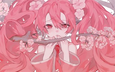 Sakura Miku, 4k, vaaleanpunainen hiukset, kuvitus, manga, Vocaloid
