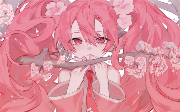 Sakura Miku, 4k, pink hair, artwork, manga, Vocaloid