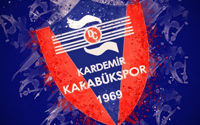 Kardemir Karabukspor, 4k, paint art, logo, creative, Turkish football team, Super Lig, emblem, blue background, grunge style, Karabuk, Turkey, football