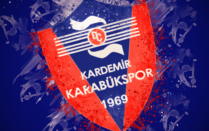 Kardemir Karabukspor, 4k, m&#229;la konst, logotyp, kreativa, Turkisk fotboll, Super League, emblem, bl&#229; bakgrund, grunge stil, Karab&#252;k, Turkiet, fotboll