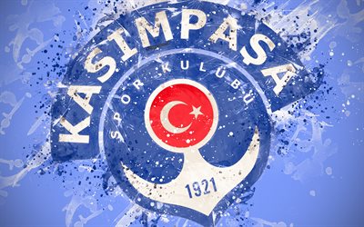 Kasimpasa FC, 4k, paint art, logo, creative, Turkish football team, Super Lig, emblem, blue background, grunge style, İstanbul, Turkey, football