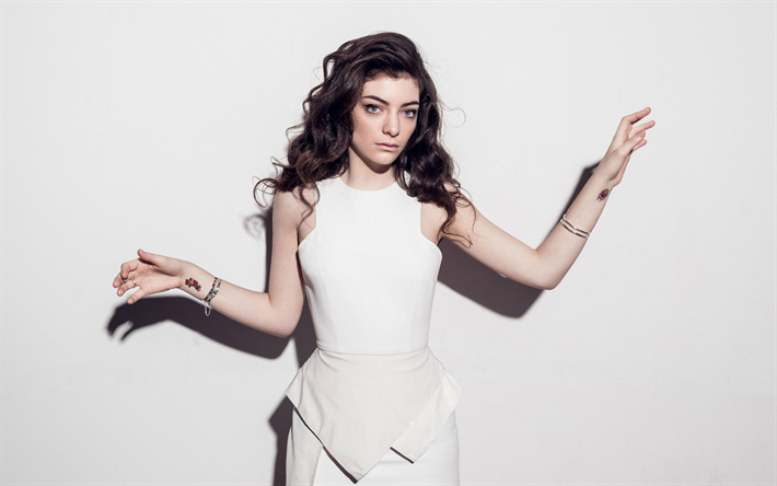 Lorde, Nova Zel&#226;ndia cantor, retrato, sess&#227;o de fotos, branco vestido de noite, mulher bonita, Ella Marija Lani Yelich OConnor