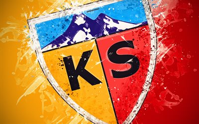 Kayserispor FC, 4k, peinture d&#39;art, logo, cr&#233;atif, turque de football de l&#39;&#233;quipe, Super Lig, embl&#232;me, rouge sur fond jaune, style grunge, Kayseri, Turquie, football