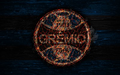 Gremio FC, 4k, fire logo, Brazilian Serie A, football, grunge, brazilian football club, soccer, logo, Gremio FBPA, wooden texture, Porto Alegre, smoldering tree, Brazil, FC Gremio