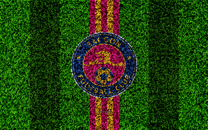 Sai Gon FC, 4k, logotipo, f&#250;tbol de c&#233;sped, Vietnamita club de f&#250;tbol de la rosa azul l&#237;neas de pasto, la textura, el emblema, la V de la Liga 1, Ciudad Ho Chi Minh, Vietnam, f&#250;tbol
